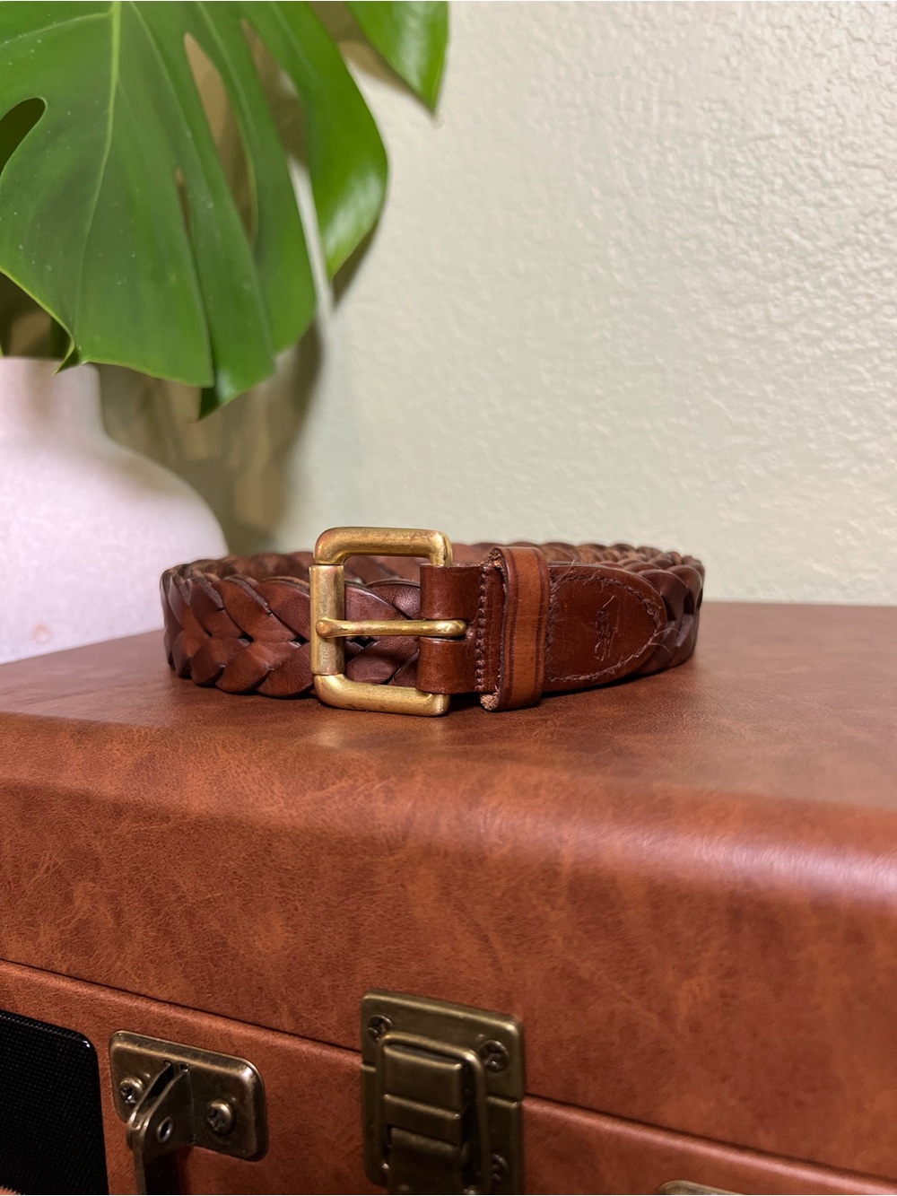 Vintage Ralph Lauren Braided Leather Belt Brown Solid Brass Buckle Size 36 Polo